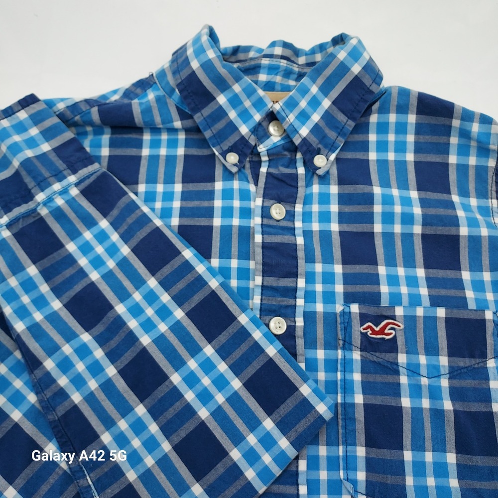 Hollister Boys Blue White Plaid Long Sleeve Button Down Shirt Size Medium M
